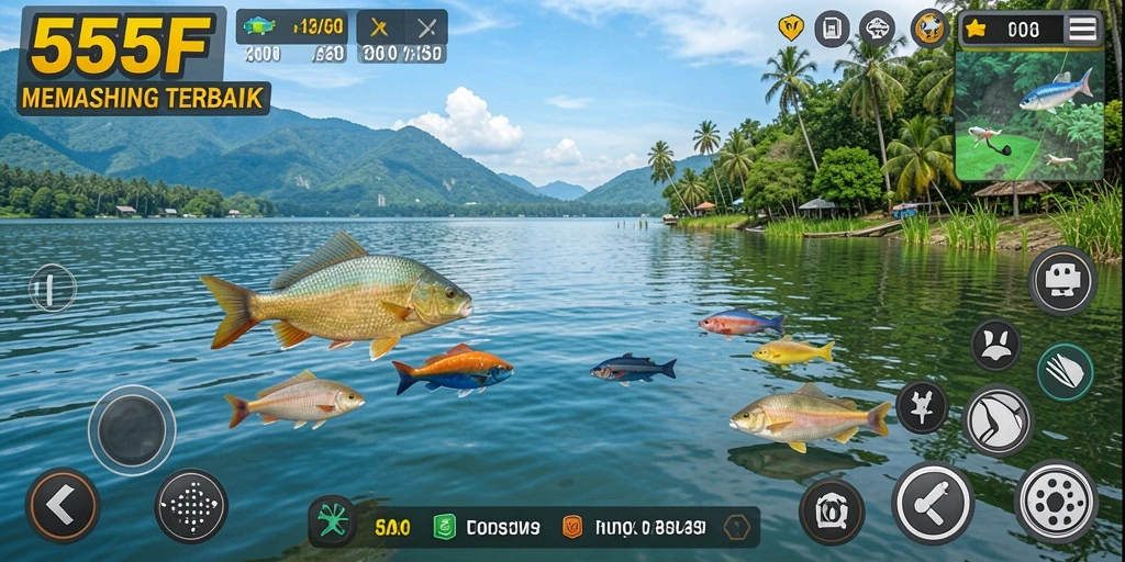 Tampilan gameplay 555F yang menarik saat memancing ikan.