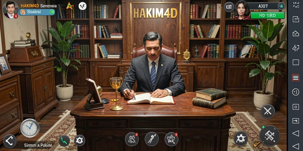 Tangkapan layar utama HAKIM4D menunjukkan gameplay simulasi hakim yang mendalam.