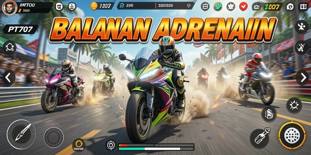 Screenshot utama PT707 menampilkan aksi balapan motor yang mendebarkan.
