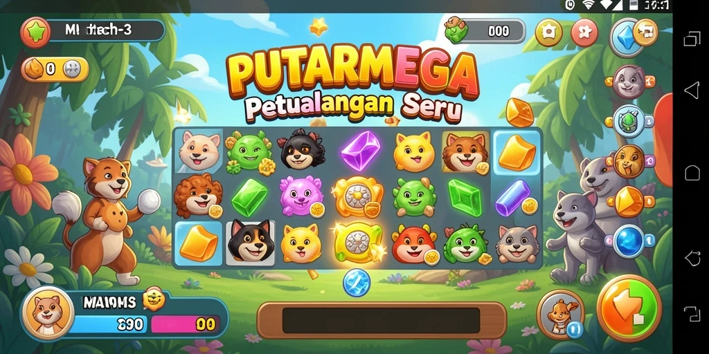 Gameplay seru dari PUTARMEGA dengan item Match-3 yang mengasyikkan.