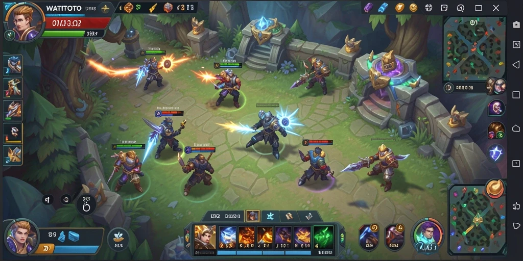 Screenshot utama WATITOTO menampilkan aksi seru pertempuran MOBA.